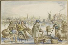 Winter landscape with many skaters, in the foreground fishermen pull a net from the ice, 16th cent. Creator: Claes Jansz Visscher the Elder