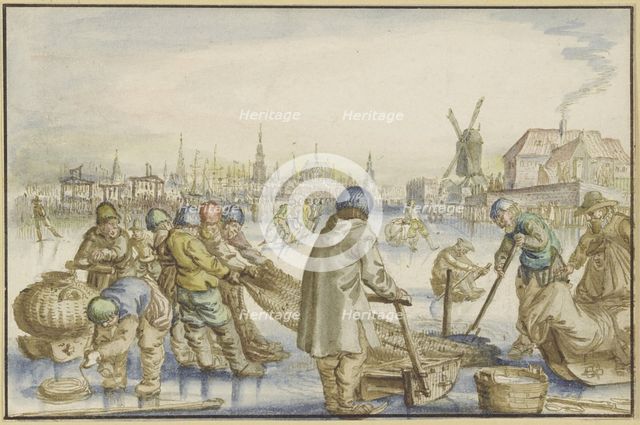 Winter landscape with many skaters, in the foreground fishermen pull a net from the ice, 16th cent. Creator: Claes Jansz Visscher the Elder.