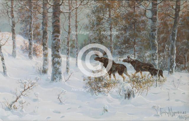Winter Landscape with Mooses, 1907. Artist: Muravyov, Count Vladimir Leonidovich (1861-1940)