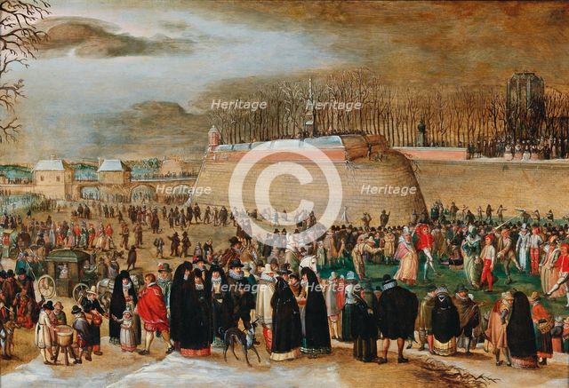 Winter landscape with a carnival scene near the Kipdorppoort Bastion in Antwerp. Creator: Vrancx, Sebastiaen (1574-1647).