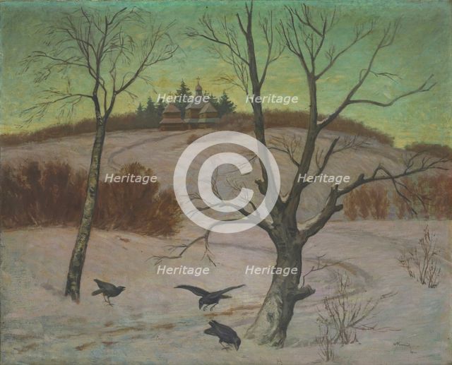Winter landscape with a church, 1922. Creator: Andrej Kovacik.
