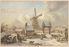 Winter landscape with a ship lift and windmill, 18th century. Creator: Jan Hulswit