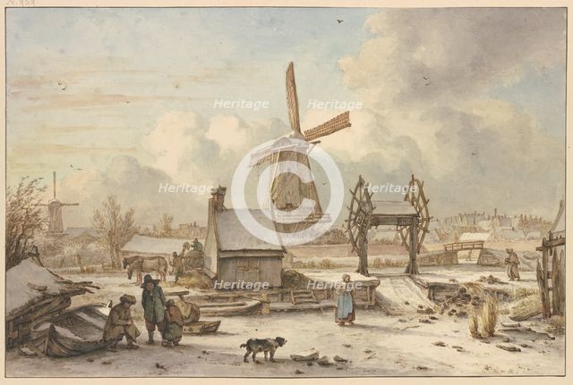 Winter landscape with a ship lift and windmill, 18th century. Creator: Jan Hulswit.