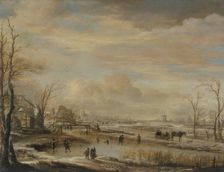 Winter landscape with a woodend bridge near some houses, between c1650 and c1660. Creator: Aert van der Neer