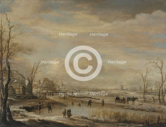 Winter landscape with a woodend bridge near some houses, between c1650 and c1660. Creator: Aert van der Neer.