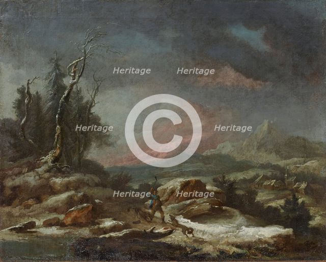 Winter landscape with a walker in the fight against wolves, 1771.