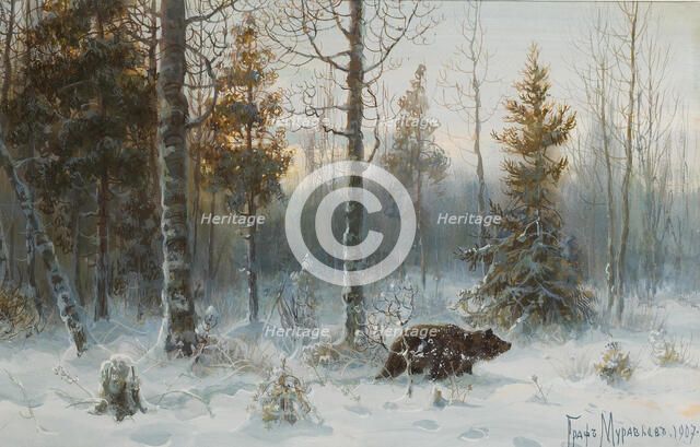 Winter Landscape with bear, 1907. Artist: Muravyov, Count Vladimir Leonidovich (1861-1940)