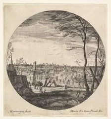 Winter landscape with figures skating on a frozen body of water in a roundel compos..., ca. 1625-60. Creator: Matthijs van Plattenberg