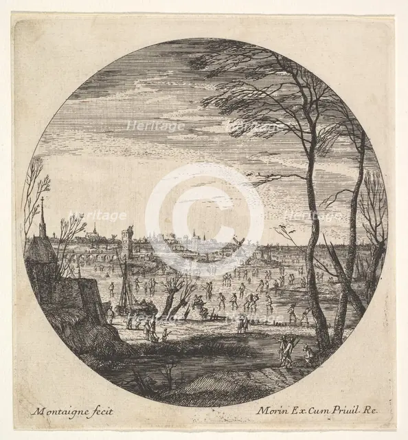 Winter landscape with figures skating on a frozen body of water in a roundel compos..., ca. 1625-60. Creator: Matthijs van Plattenberg.