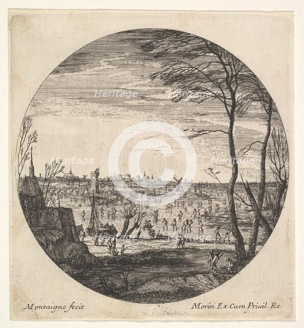 Winter landscape with figures skating on a frozen body of water in a roundel compos..., ca. 1625-60. Creator: Matthijs van Plattenberg.