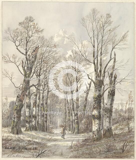 Winter landscape with firewood gatherer on forest path, 1813-1856. Creator: Hendrik Gerrit ten Cate.