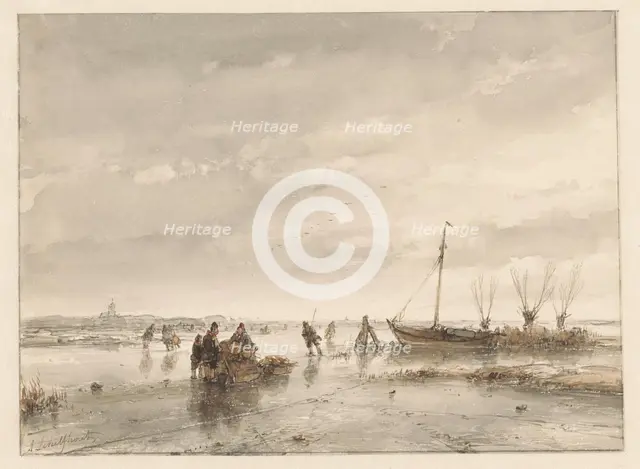 Winter landscape with frozen lake, 1797-1870. Creator: Andreas Schelfhout.