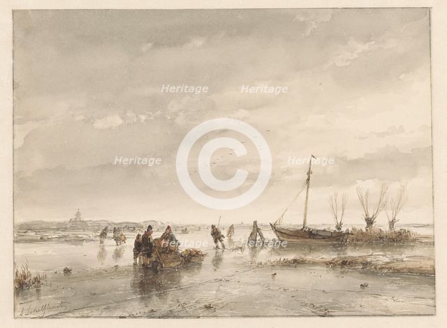 Winter landscape with frozen lake, 1797-1870. Creator: Andreas Schelfhout.