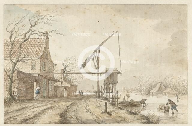 Winter landscape with houses and lifting gear along frozen canal, 1771. Creator: Jacob Cats.