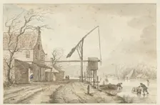 Winter landscape with houses and lifting gear along frozen canal, 1771. Creator: Jacob Cats
