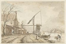 Winter landscape with houses and lifting gear along frozen canal, 1771. Creator: Jacob Cats