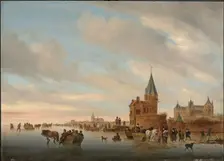 Winter Landscape with Ice pleasures in front of a Capriccio of the city of Arnheim, 1652. Artist: Ruisdael, Salomon Jacobsz, van (1600/3-1670)