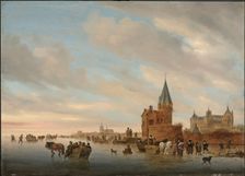 Winter Landscape with Ice pleasures in front of a Capriccio of the city of Arnheim, 1652. Artist: Ruisdael, Salomon Jacobsz, van (1600/3-1670)