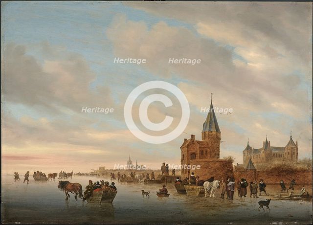 Winter Landscape with Ice pleasures in front of a Capriccio of the city of Arnheim, 1652. Artist: Ruisdael, Salomon Jacobsz, van (1600/3-1670)