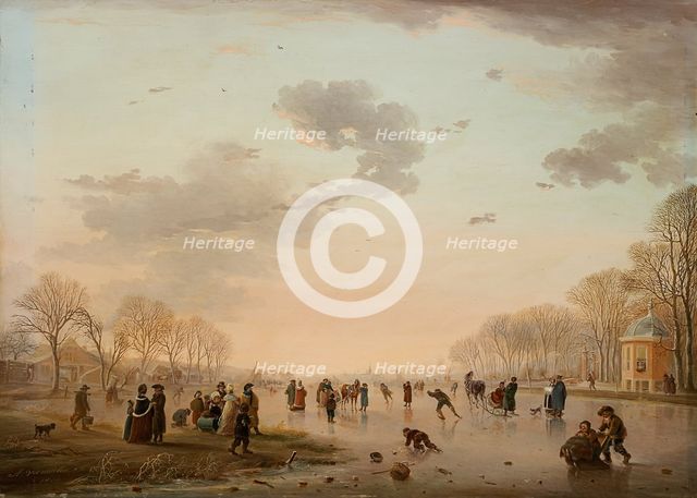 Winter Landscape with Ice Skaters on a River, 1800. Creator: Andries Vermeulen.