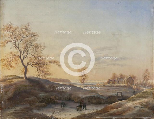 Winter landscape with ice skaters, from Frederiksdal, 1820-1829. Creator: Johan Stroe.