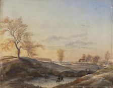 Winter landscape with ice skaters, from Frederiksdal, 1820-1829. Creator: Johan Stroe