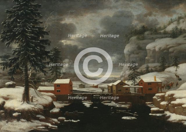 Winter landscape with pale red dam buildings, 1677. Creator: T Filoque.