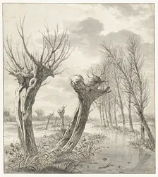 Winter landscape with pollard willows along a frozen ditch, 1766-1815. Creator: Jacob van Strij