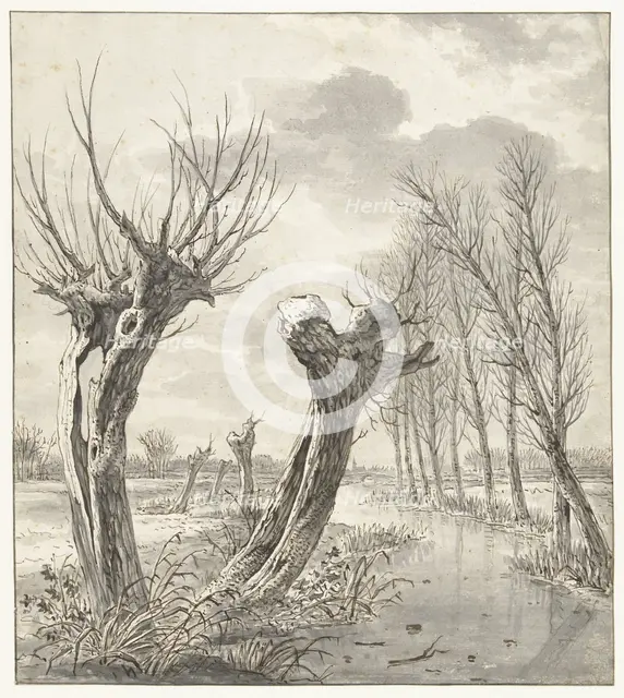 Winter landscape with pollard willows along a frozen ditch, 1766-1815. Creator: Jacob van Strij.