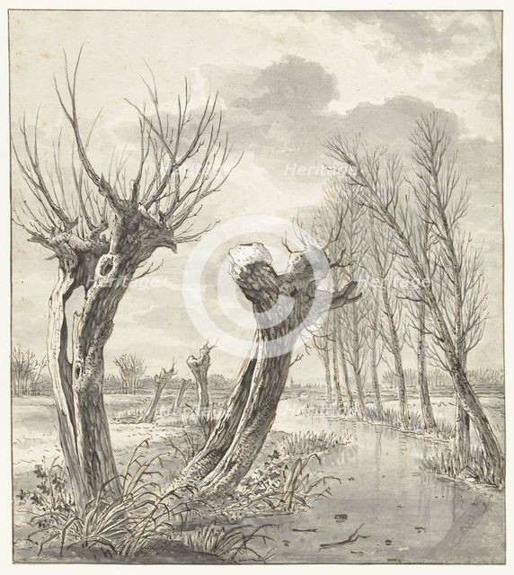Winter landscape with pollard willows along a frozen ditch, 1766-1815. Creator: Jacob van Strij.
