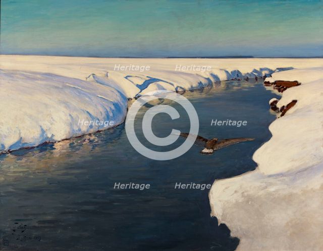 Winter landscape with river and bird, 1913. Creator: Falat, Julian (1853-1929).
