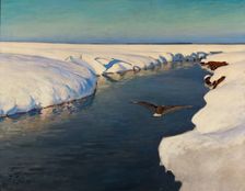 Winter landscape with river and bird, 1913. Creator: Falat, Julian (1853-1929)