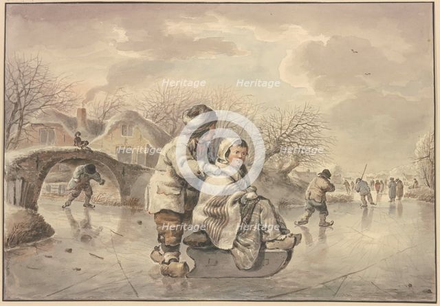 Winter landscape with skaters, 18th century. Creator: Jacob van Strij.