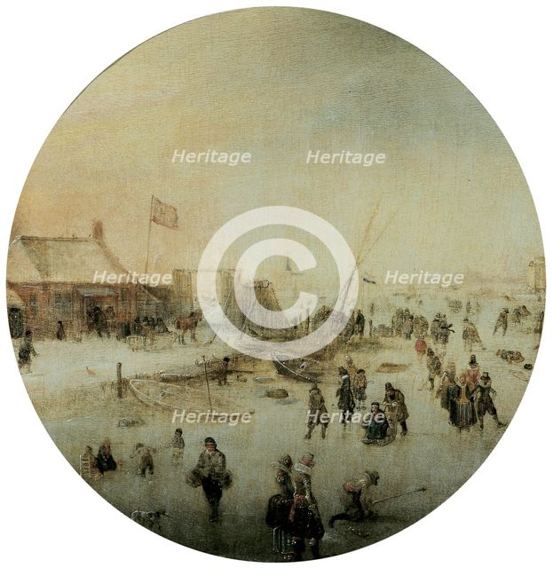 Winter landscape with skaters.