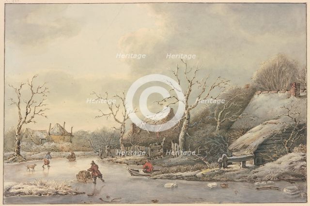 Winter landscape with skaters on a canal, 18th century. Creator: Jan Hulswit.