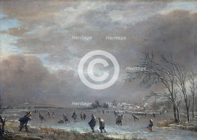 Winter Landscape with Skaters on a Frozen River. Artist: Neer, Aert, van der (1603-1677)