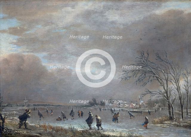 Winter Landscape with Skaters on a Frozen River. Artist: Neer, Aert, van der (1603-1677)