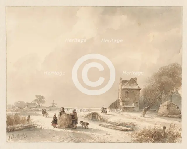 Winter landscape with sleigh and iceskaters, 1797-1870. Creator: Andreas Schelfhout.