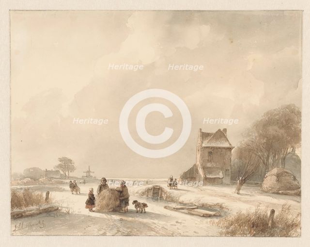 Winter landscape with sleigh and iceskaters, 1797-1870. Creator: Andreas Schelfhout.
