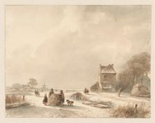 Winter landscape with sleigh and iceskaters, 1797-1870. Creator: Andreas Schelfhout