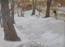 Winter Landscape with Small House and Dog
