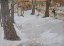 Winter Landscape with Small House and Dog