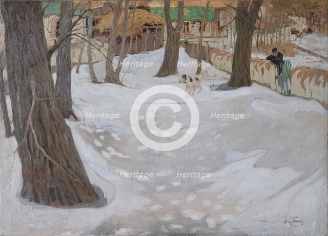 Winter Landscape with Small House and Dog.