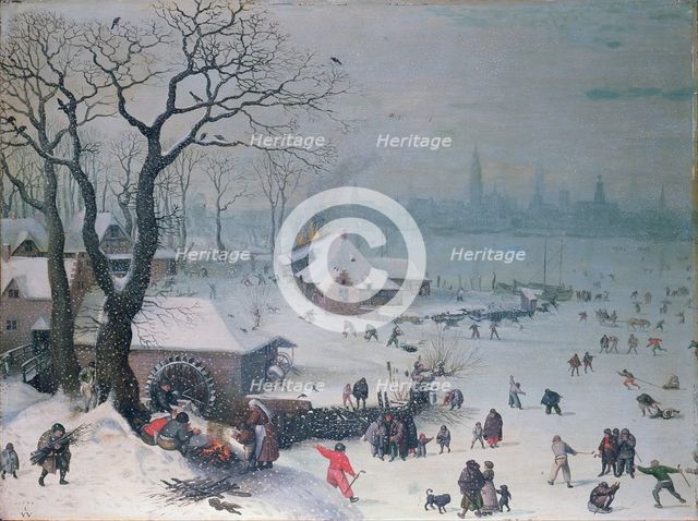 Winter Landscape with Snowfall near Antwerp. Artist: Valckenborch, Lucas, van (1530-1597)