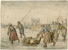 Winter Landscape with Two Women and a Sledge and Other Figures on the Ice, a Gallows...c.1620-c.1625 Creator: Hendrick Avercamp
