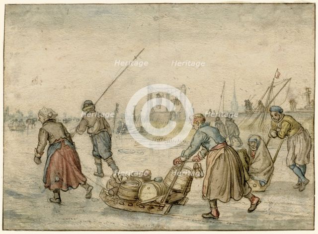 Winter Landscape with Two Women and a Sledge and Other Figures on the Ice, a Gallows...c.1620-c.1625 Creator: Hendrick Avercamp.