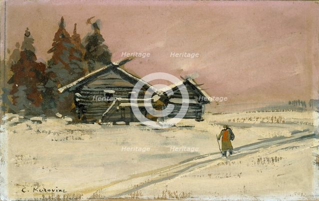 Winter Landscape with two wooden Huts, early 20th century. Artist: Konstantin Korovin.