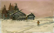 Winter Landscape with two wooden Huts, early 20th century. Artist: Konstantin Korovin