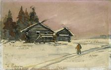 Winter Landscape with two wooden Huts, early 20th century. Artist: Konstantin Korovin