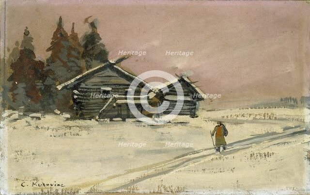 Winter Landscape with two wooden Huts, early 20th century. Artist: Konstantin Korovin.